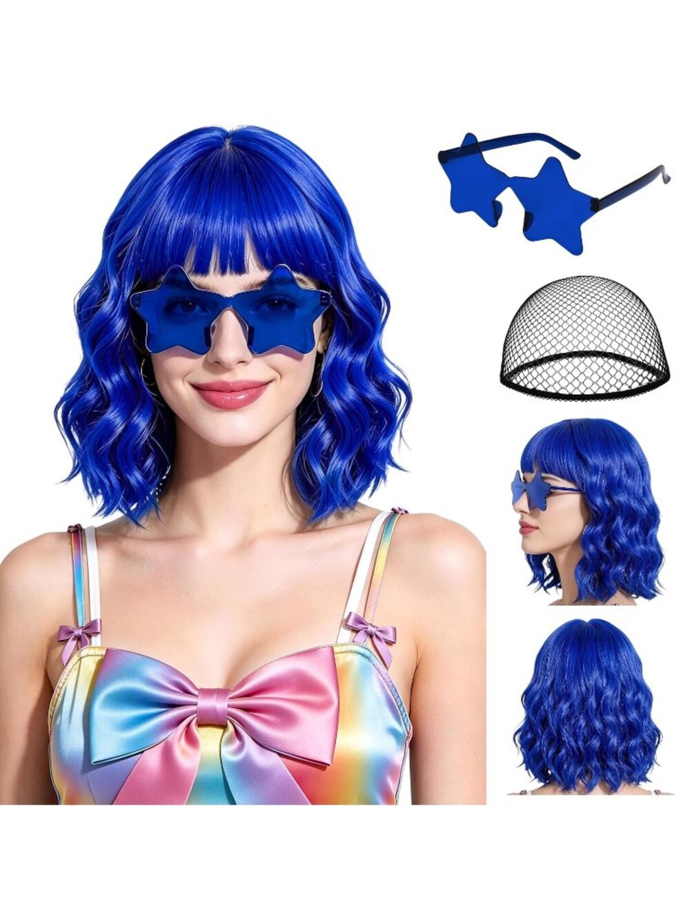 Women's Dark Blue Short Wavy Bob Bangs 15.7 Inch Heat Resistant Synthetic Wig